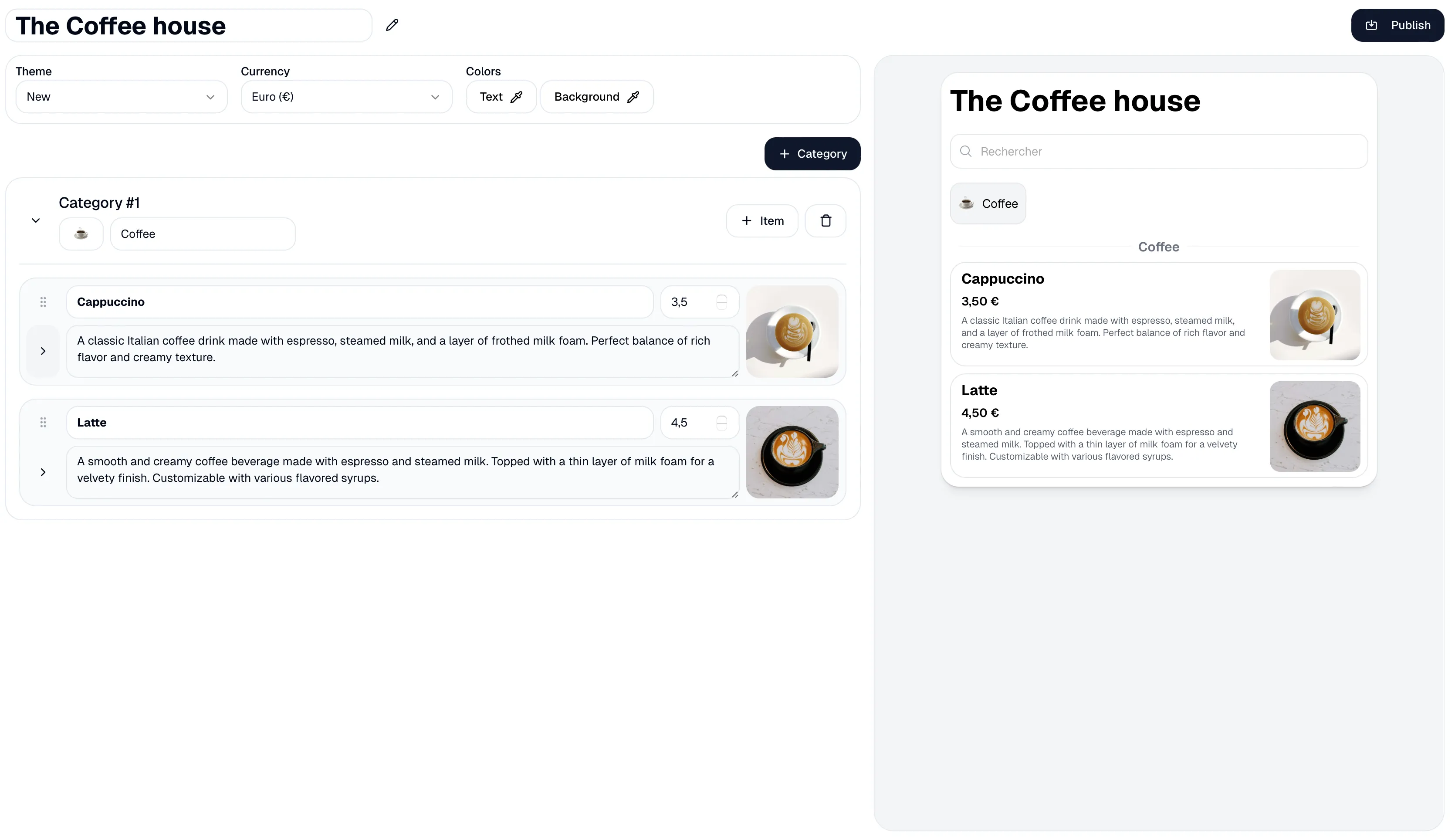 heymenus.com dashboard, menu configurator for restaurant owners